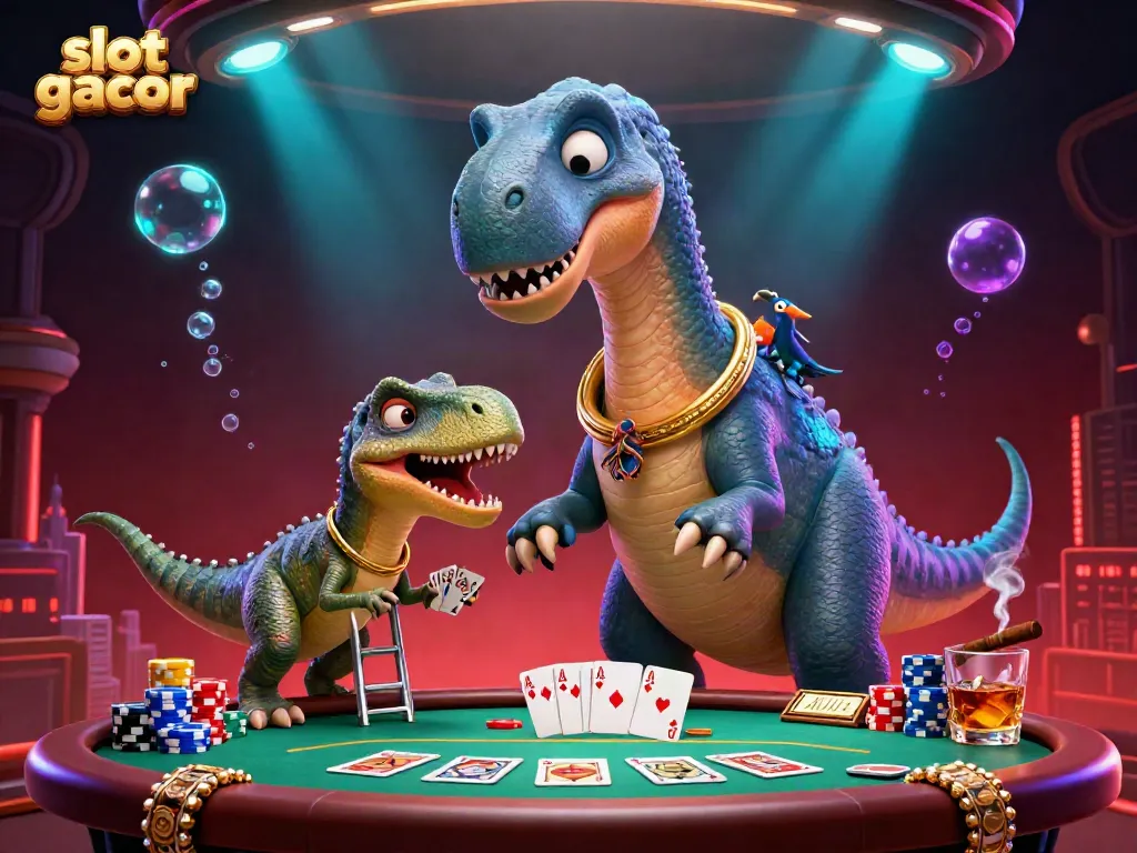 Experience the thrill of slot gacor gaming with this vibrant 3D illustration featuring a brontosaurus and raptor in a lively casino setting.