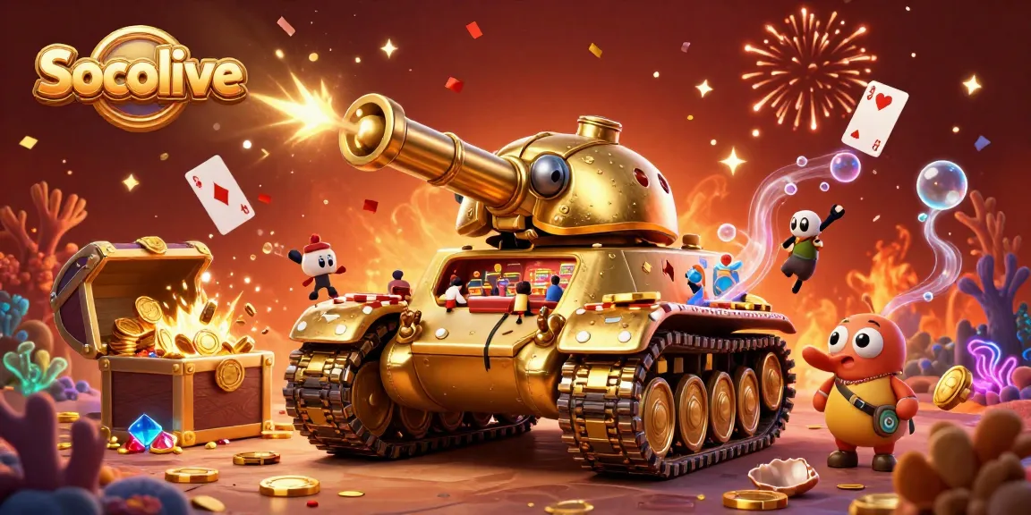 Socolive offers a vibrant casino experience embodied in a 3D illustration with golden beetle tank and tiny patrons.