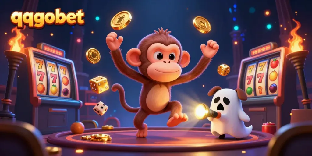Permainan slot QQGobet diperlihatkan dengan koin emas dan karakter lucu di kasino berhantu.