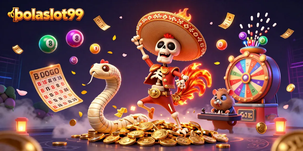 Bolaslot99 brings excitement with a festive scene featuring lottery balls, a mariachi rooster, and a DJ hamster.