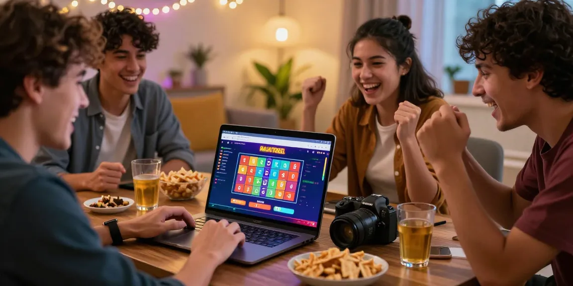 Kelompok teman bermain rajatogel online dengan laptop, suasana ceria dan permainan interaktif.