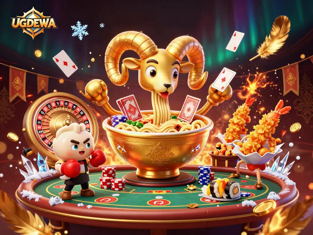 Engage in the excitement of UGDEWA with a vibrant casino scene showcasing a unique golden ramen bowl dealer.