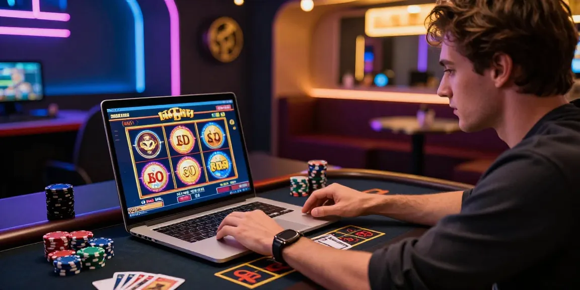 Pengguna LUXURY777 Login di dalam ruangan permainan modern dengan dekorasi neon menarik.