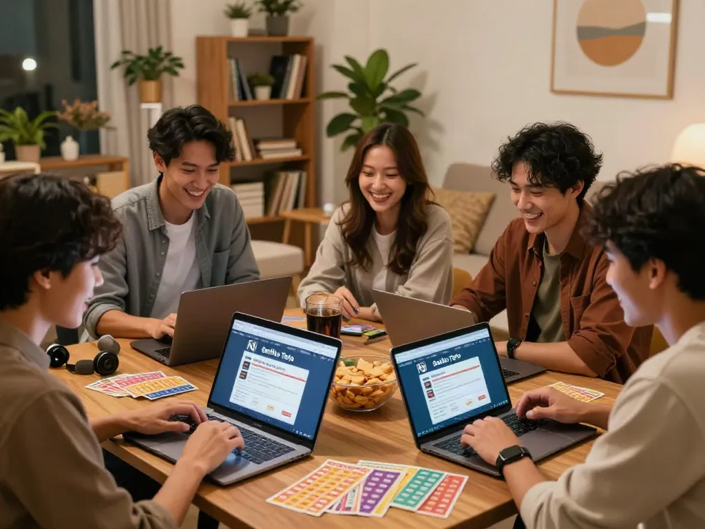 Friends enjoying a lively Togel game at home, featuring Seribu Toto on screens.