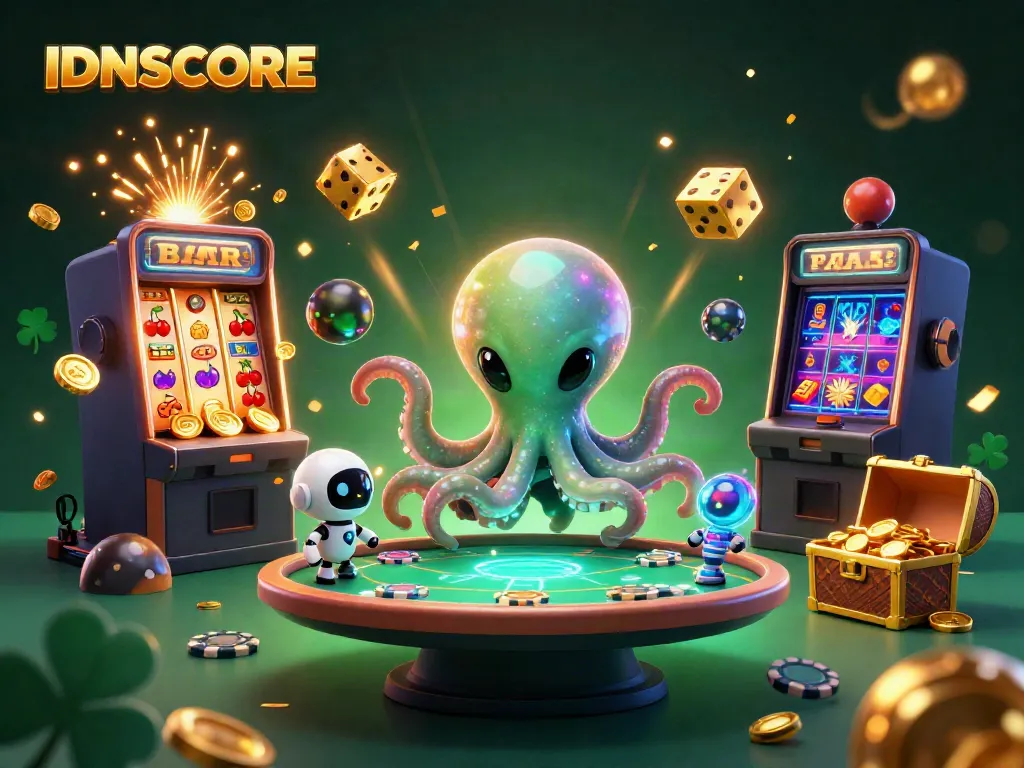 Experience exciting gameplay with IDNSCORE as an alien octopus runs a holographic poker table surrounded by vivid casino elements.