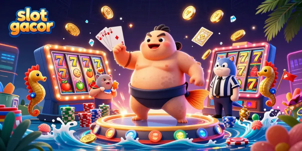 Slot gacor menampilkan ikan fugu dalam cincin mesin slot, dikelilingi koin emas dan batu permata.