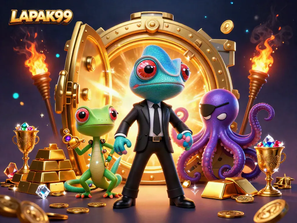 LAPAK99 showcases a vibrant 3D scene of a chameleon agent and tech-gecko companion in a treasure-filled casino.