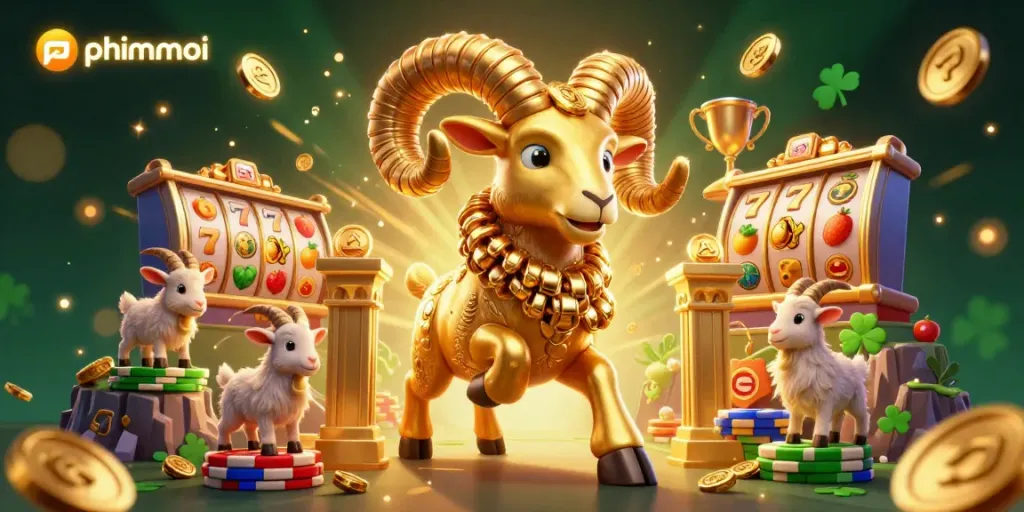 Experience phimmoi's exhilarating slot games with a charging golden ram amidst sparkling coins.