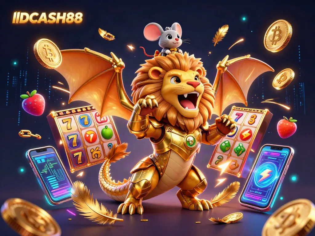 Experience the thrill at IDCASH88 with a majestic chimera and thrilling casino elements in a vibrant scene.