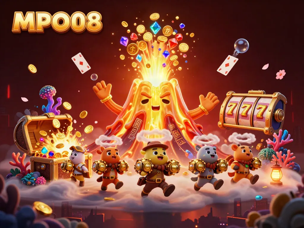 MPO08 showcases a vibrant 3D illustration featuring a volcano erupting treasures among explorer animals and playing cards.