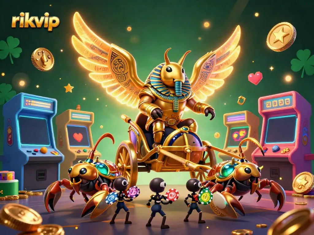 Engage in thrilling gameplay with rikvip's dynamic 3D illustration showcasing exciting casino elements.