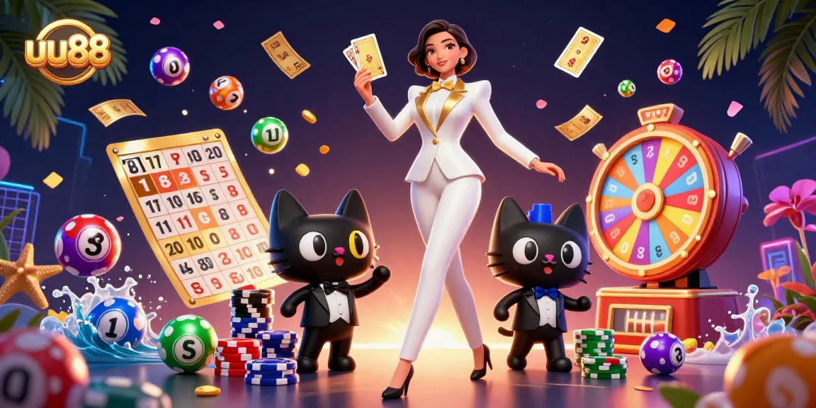 uu88 showcases a glamorous casino experience with dynamic lottery balls, a stylish character, and vibrant game elements.