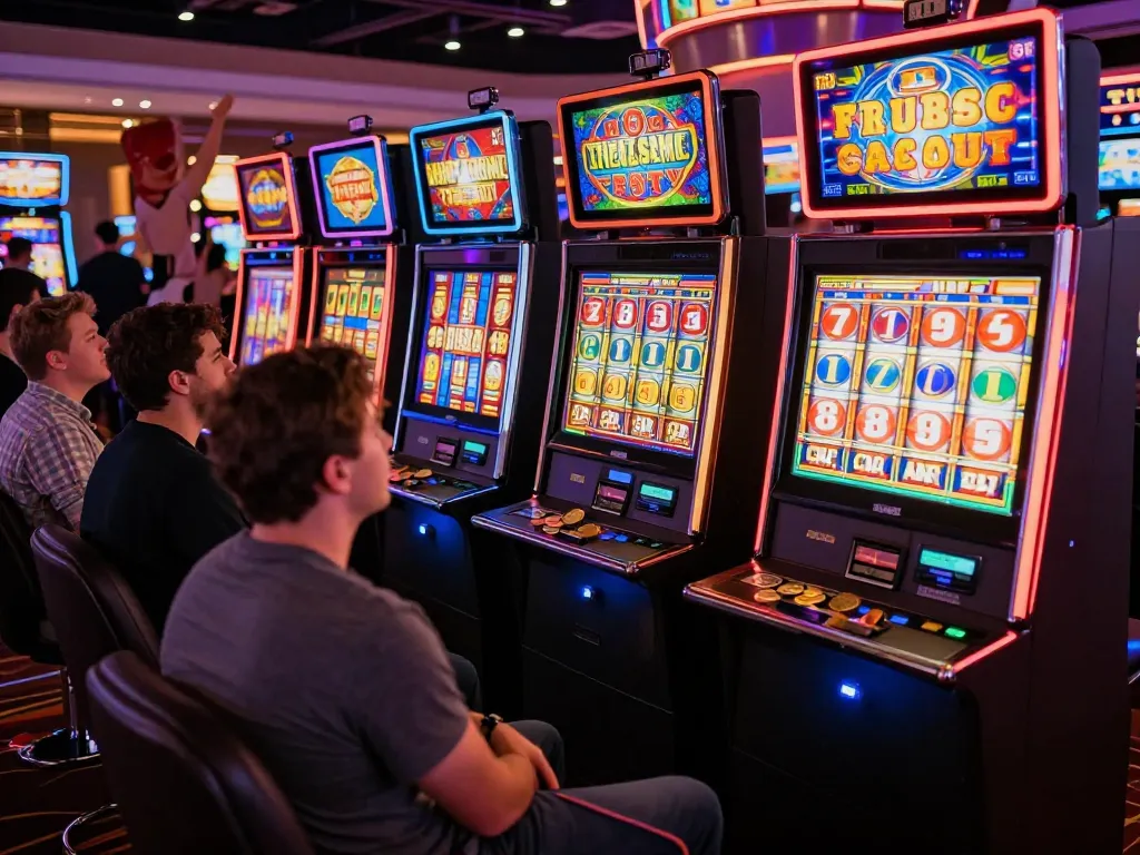 Gamers eagerly engage with vibrant slot machines at a lively casino, capturing thrilling action.