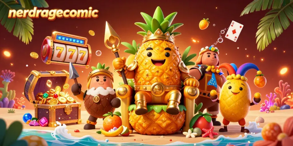 Gambar nerdragecomic menampilkan raja nanas 3D dan jester kasino dengan elemen slot dan simbol keberuntungan.