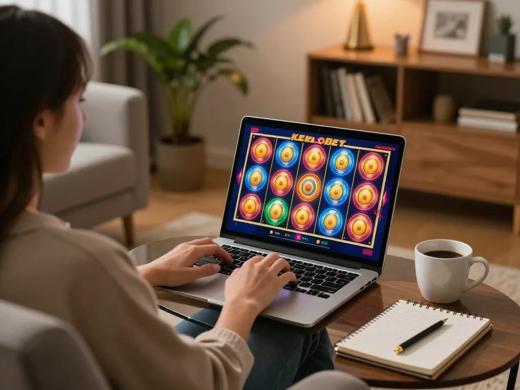 Player enjoying kenzobet slot on laptop in a cozy home setting, vibrant reels in motion.