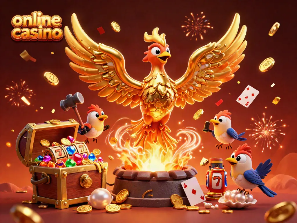 Engage in exciting online casino gameplay with a golden phoenix and treasures in this dynamic scene.