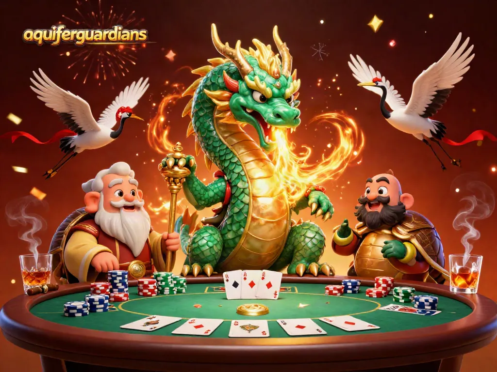 Gambarkan aquiferguardians dengan naga giok bernyala di meja poker yang penuh permainan.