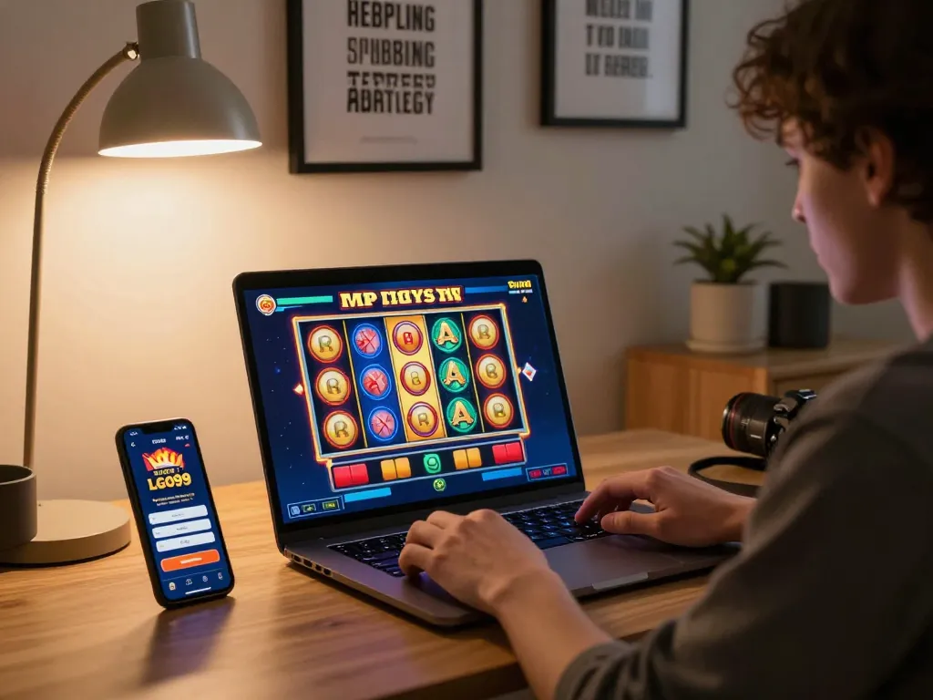 LGO99 player spinning the reels on a laptop in a cozy home setup, engaging in online gambling.