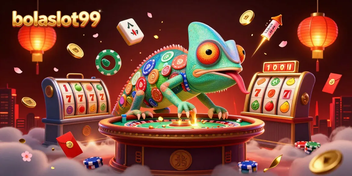 Bolaslot99 pulls in players with its vibrant 3D illustration of a colorful chameleon casino owner and dynamic slot elements.