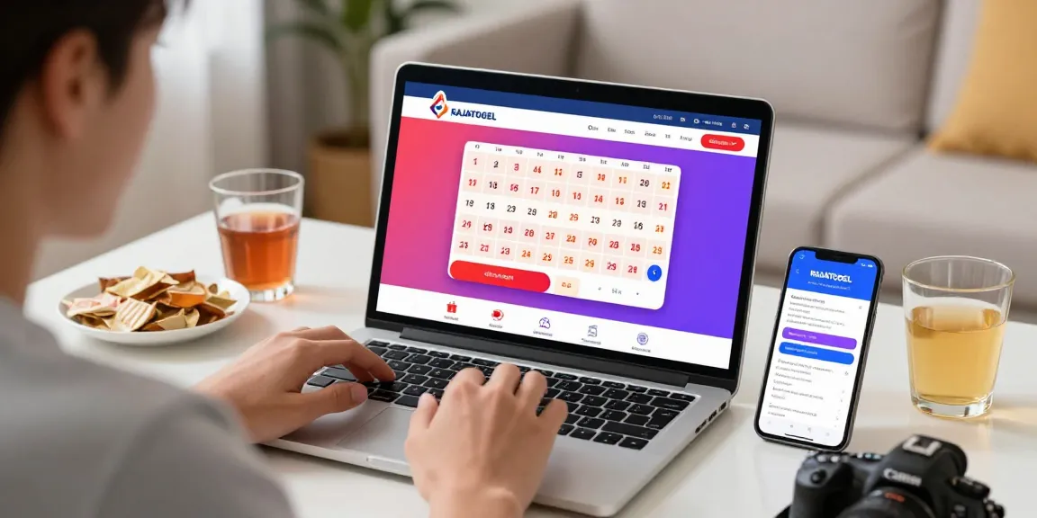 Aplikasi RAJATOGEL di laptop, pengguna terlibat dalam permainan togel online, suasana nyaman di rumah.