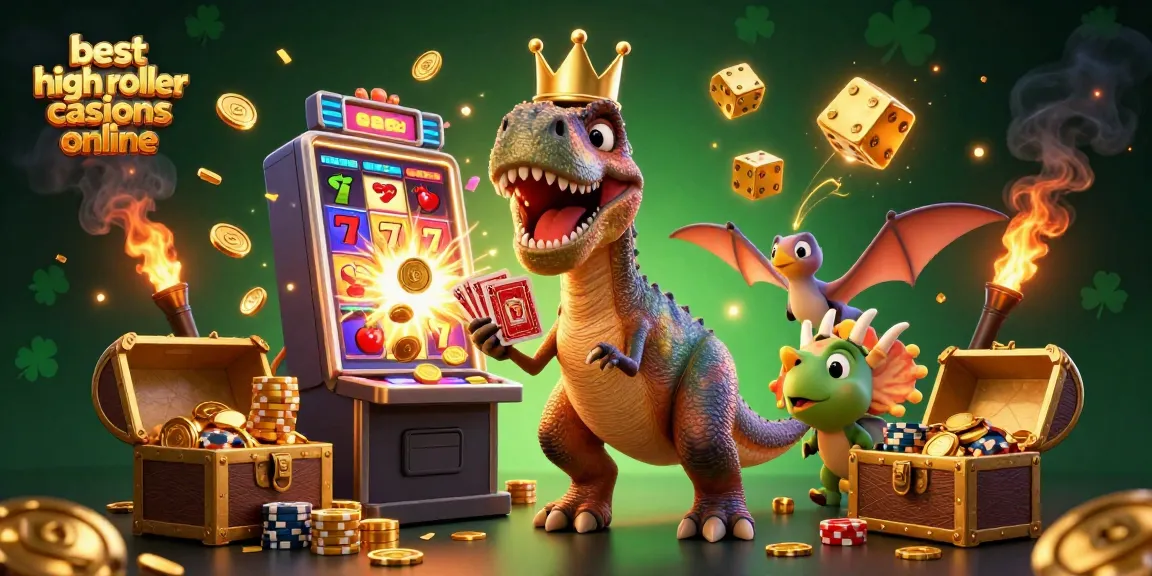 Experience the best high roller casinos online with 3D T-Rex shuffling cards and friends in a casino scene.