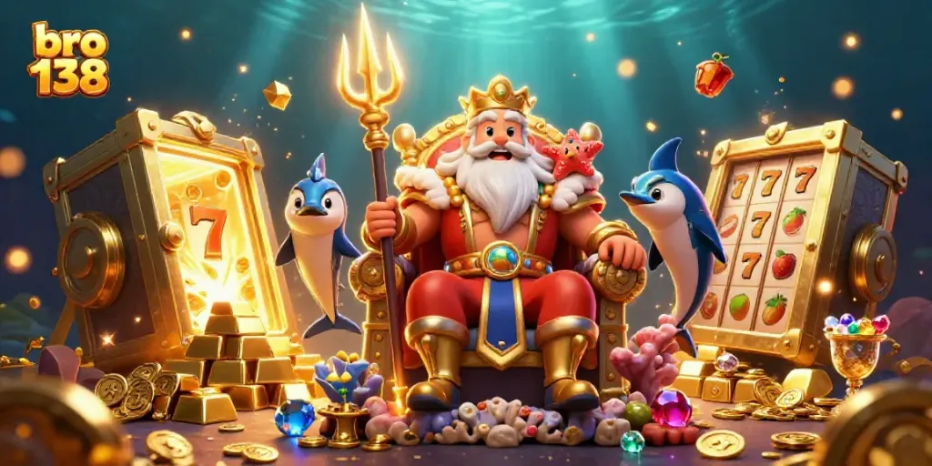 Experience the thrilling excitement of bro 138 casino with Neptune and treasures in a vibrant underwater scene.