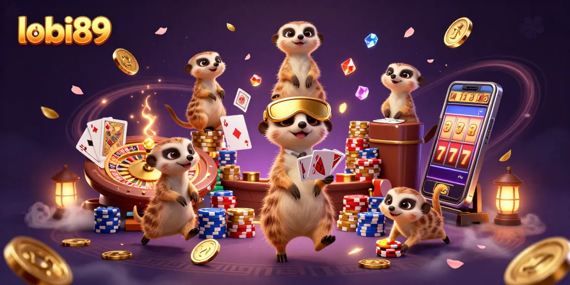 Menangkan permainan di lobi89 dengan suasana kasino yang meriah dan karakter meerkat yang lucu.