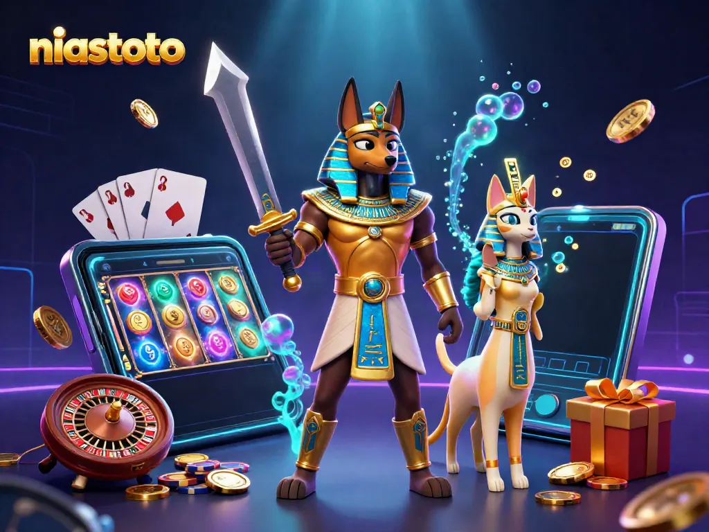 NIASTOTO platform features ancient Egyptian warriors and exciting slot game elements in a vibrant digital scene.
