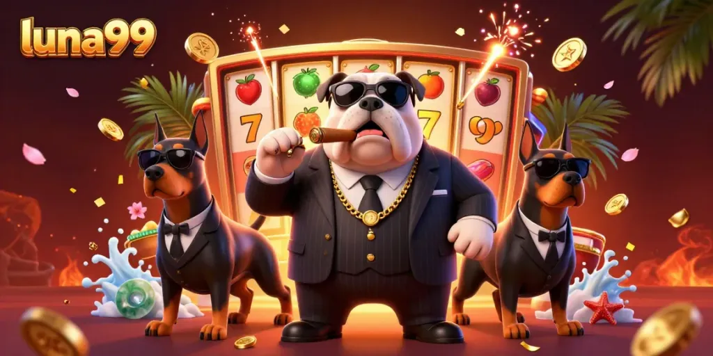 Permainan slot di situs luna99 dikelilingi dengan elemen menarik, termasuk karakter bulldog mafia dan efek kembang api.