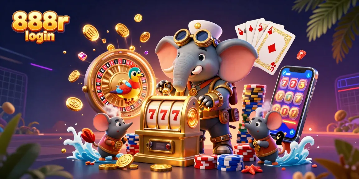 Experience seamless access with 888r login as a steampunk elephant operates a slot machine surrounded by vibrant casino elements.