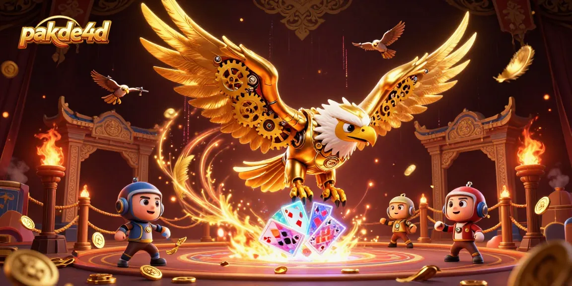 Experience thrilling wins with pakde4d, showcasing a dynamic 3D illustration of cybernetic eagles and casino elements.