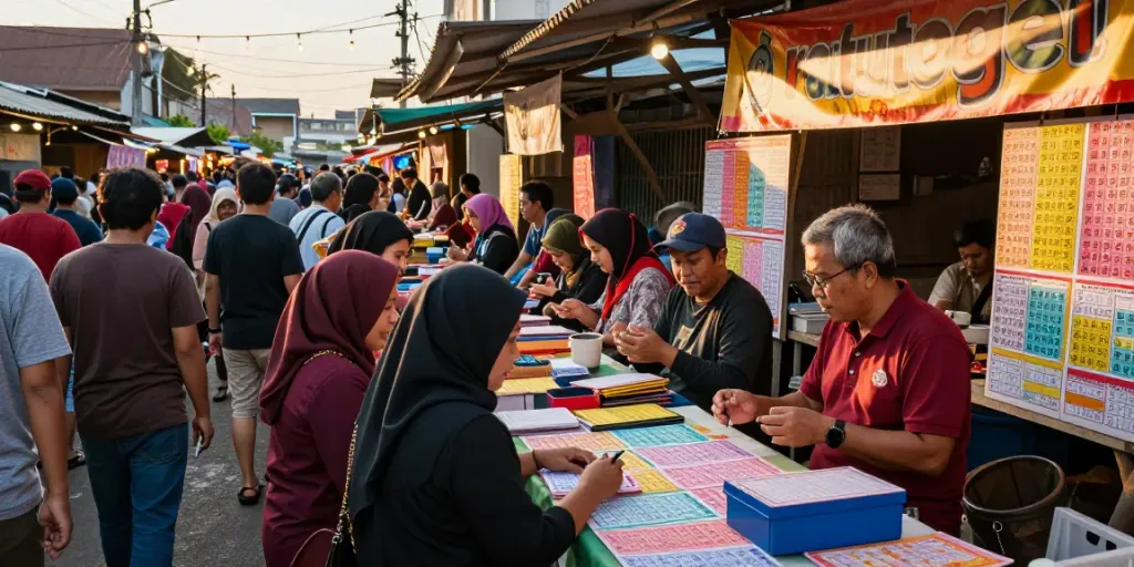 Suasana pasar lokal meriah dengan orang-orang berdiskusi tentang ratutogel, tiket lotere berwarna-warni, dan suasana hangat.