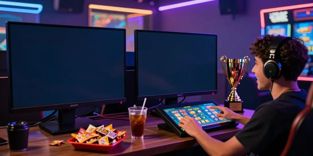 Ratutogel, gamer berinteraksi dengan layar sentuh dalam suasana gaming yang energik.