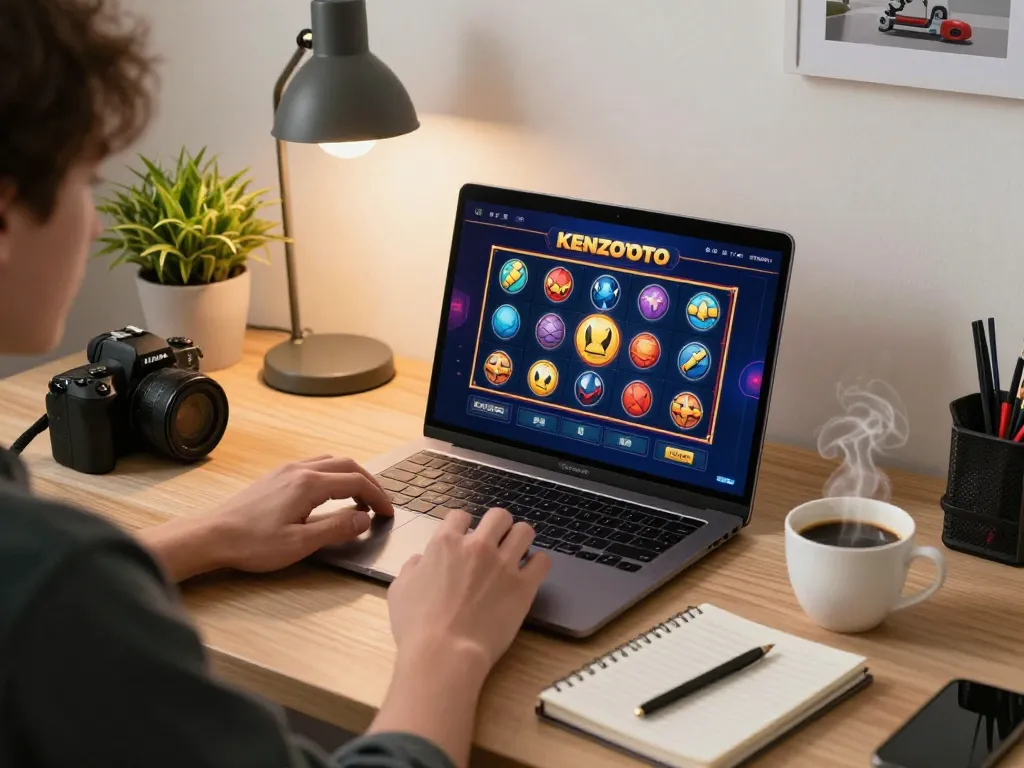 Engaged player at a situs slot interface, analyzing strategy notes in a cozy gaming setup