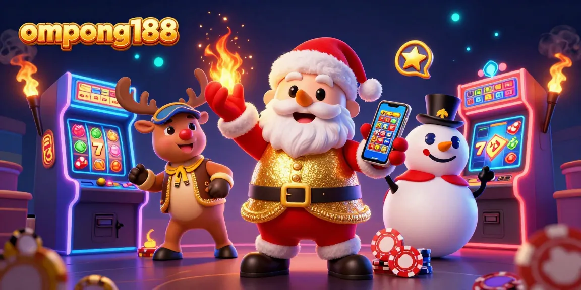 ompong188 menampilkan Santa Kasur yang bersenang-senang di kasino dengan mesin slot dan simbol keberuntungan.