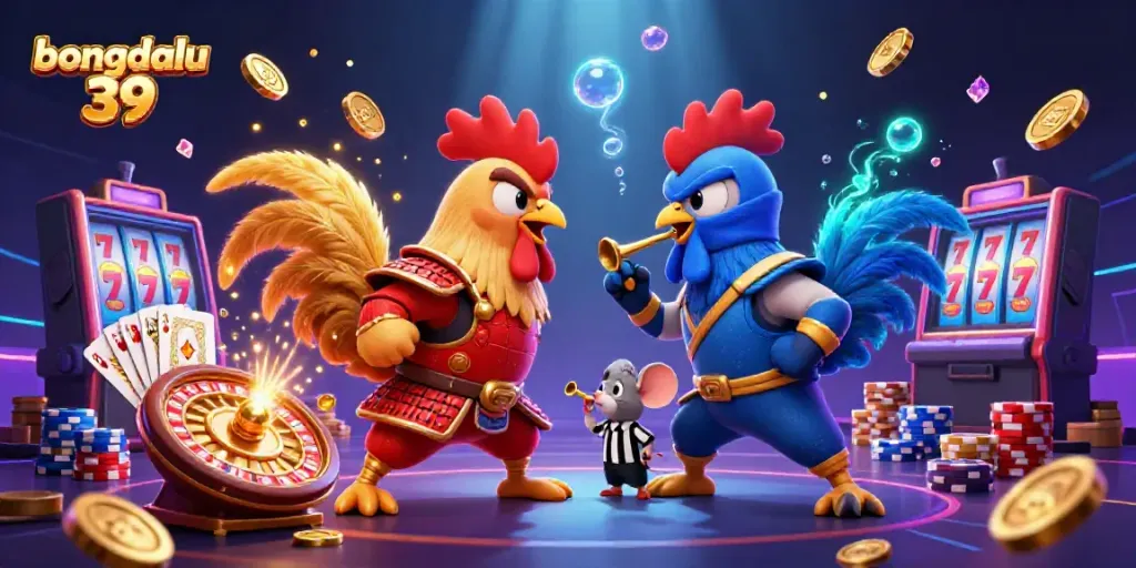 Experience the thrill of bongdalu 39 with dynamic fighting roosters and casino elements in a vivid illustration.