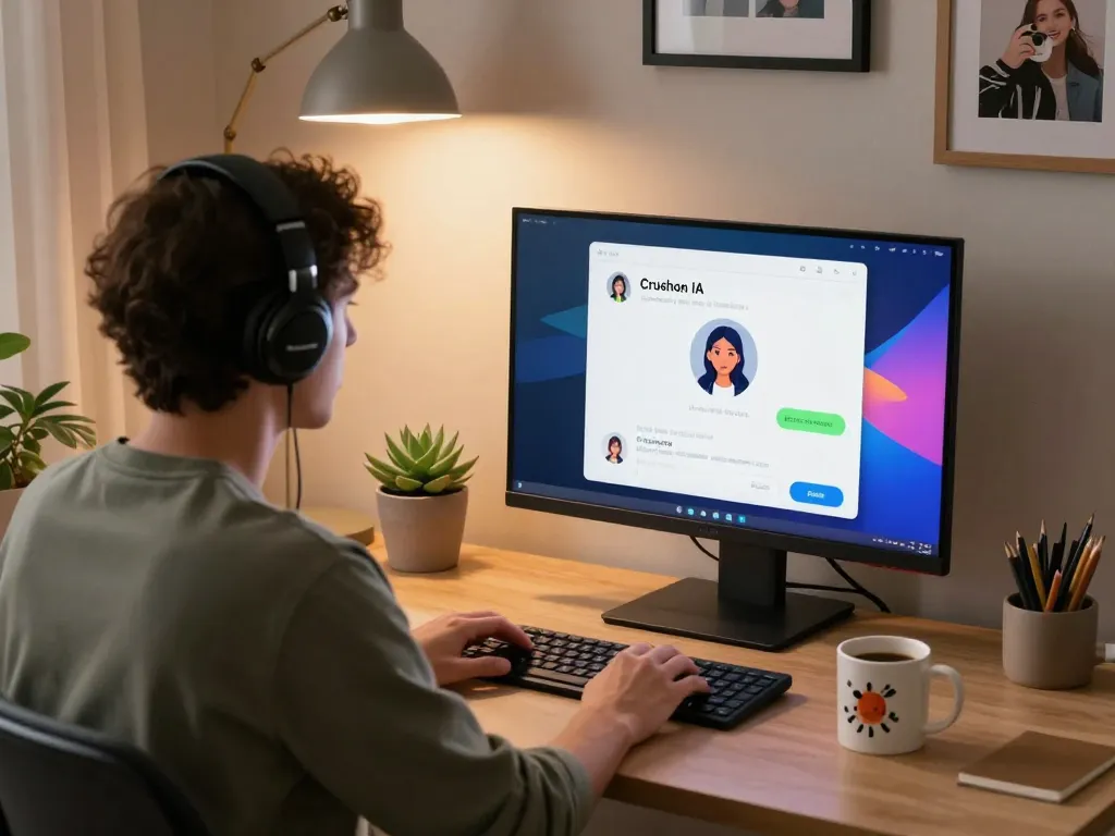 Immersive Crushon IA chatbot interaction in a cozy workspace setting.