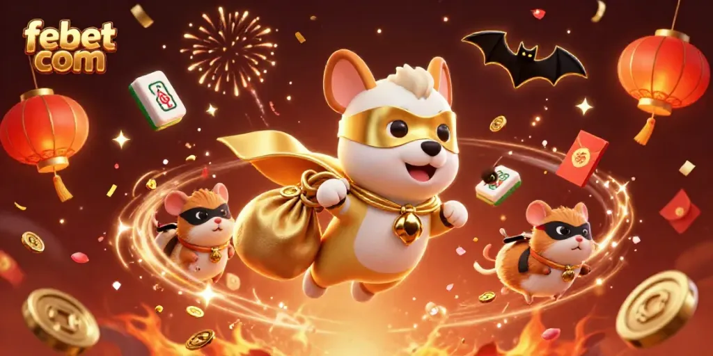 Experience the excitement of febet com with a superhero dog and hamster amidst gold coins and gambling themes.