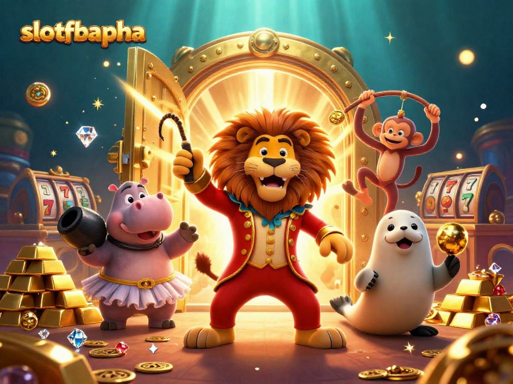 Experience thrilling spins with slotfbalpha's vibrant 3D circus scene featuring lively characters.