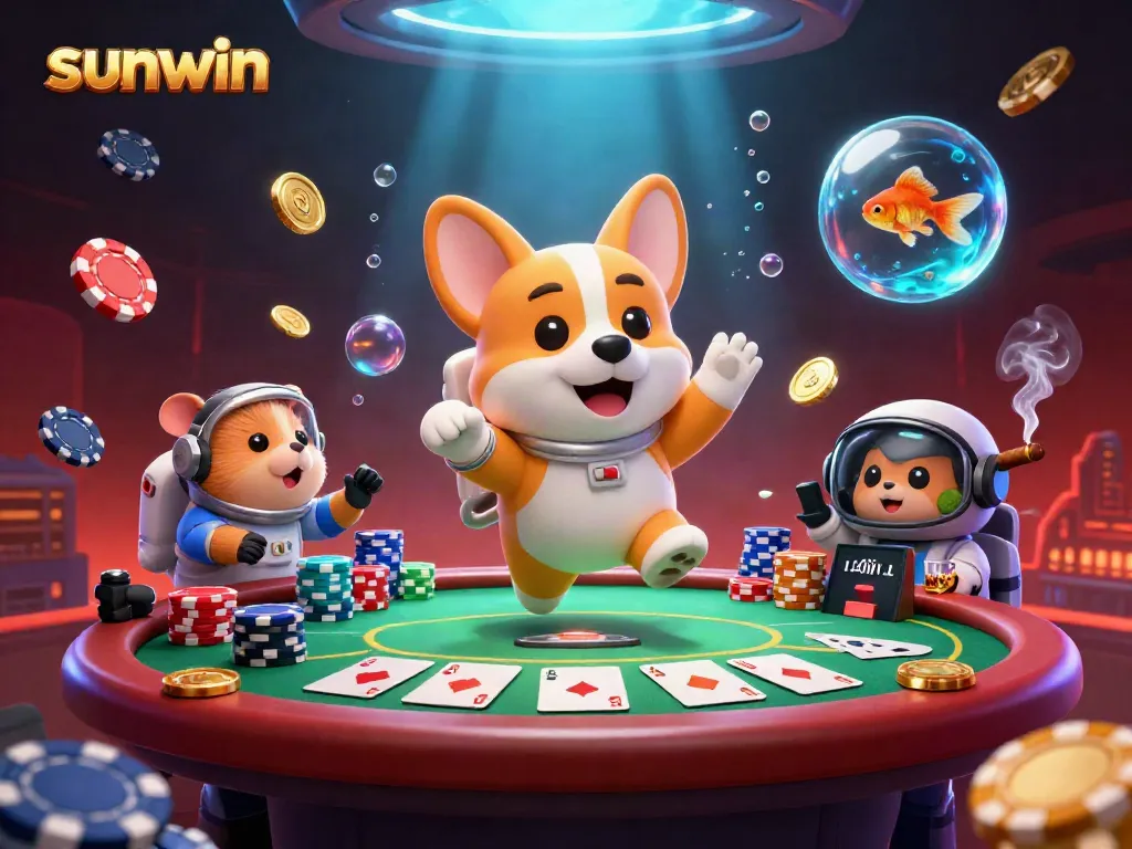 Experience sunwin excitement with a playful corgi in a zero-gravity space casino scene, surrounded by poker action.