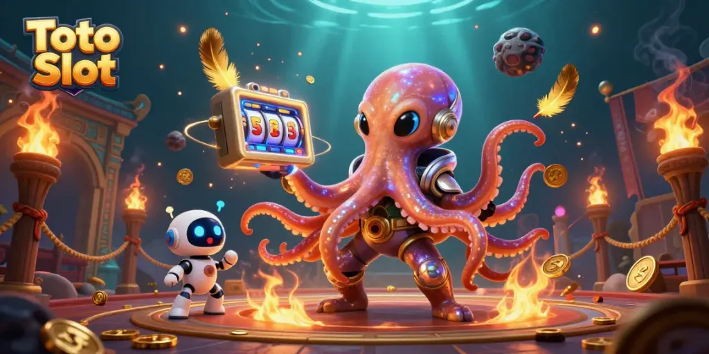 Permainan Toto Slot dengan karakter luar angkasa dan mesin slot canggih, dikelilingi koin emas.
