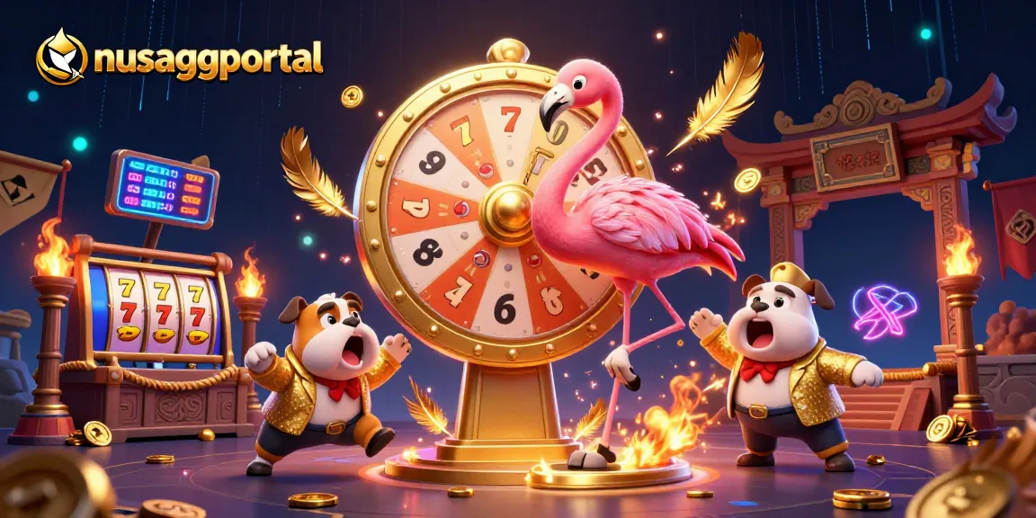 Spin the giant prize wheel with nusaggportal, showcasing vibrant casino elements and lively characters.