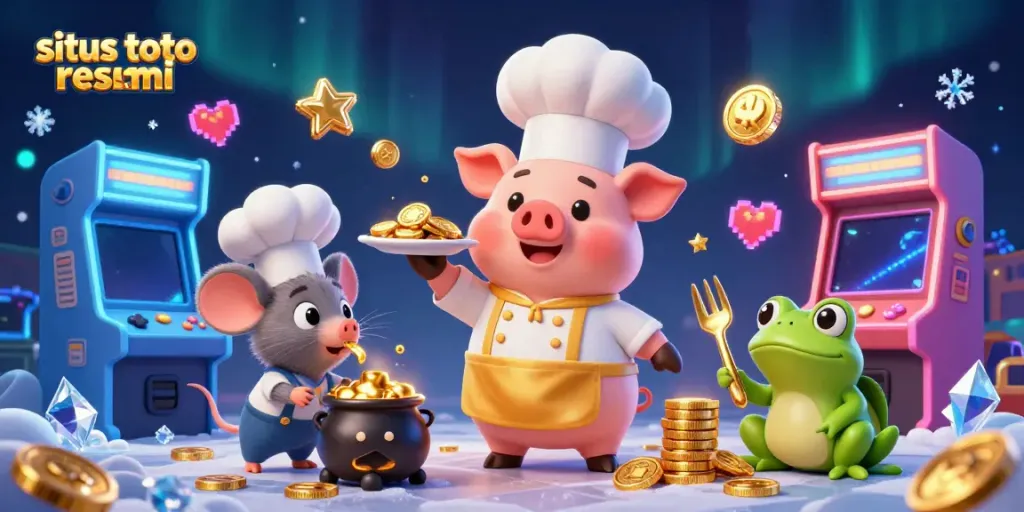 Engage with situs toto resmi through a vibrant 3D casino scene featuring a chef pig, sous-chef mouse, and critic frog.