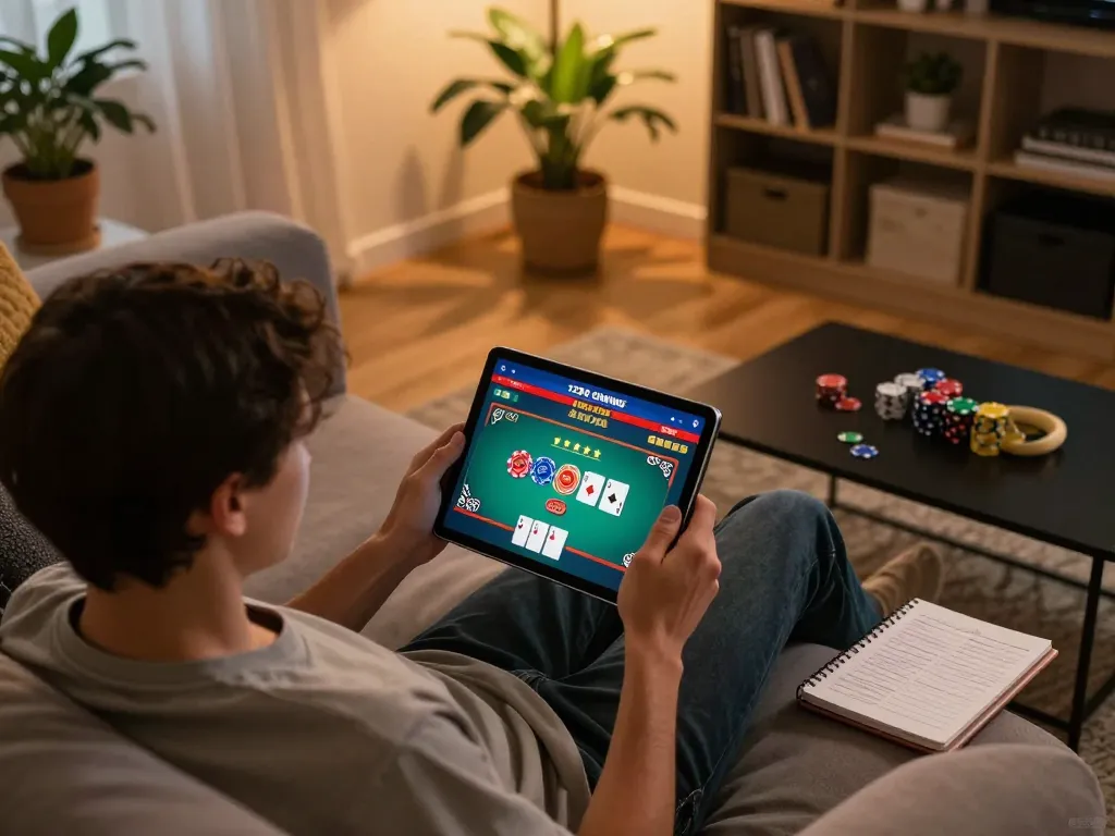 Engaging with the 123B online casino's poker game while enjoying a cozy setting