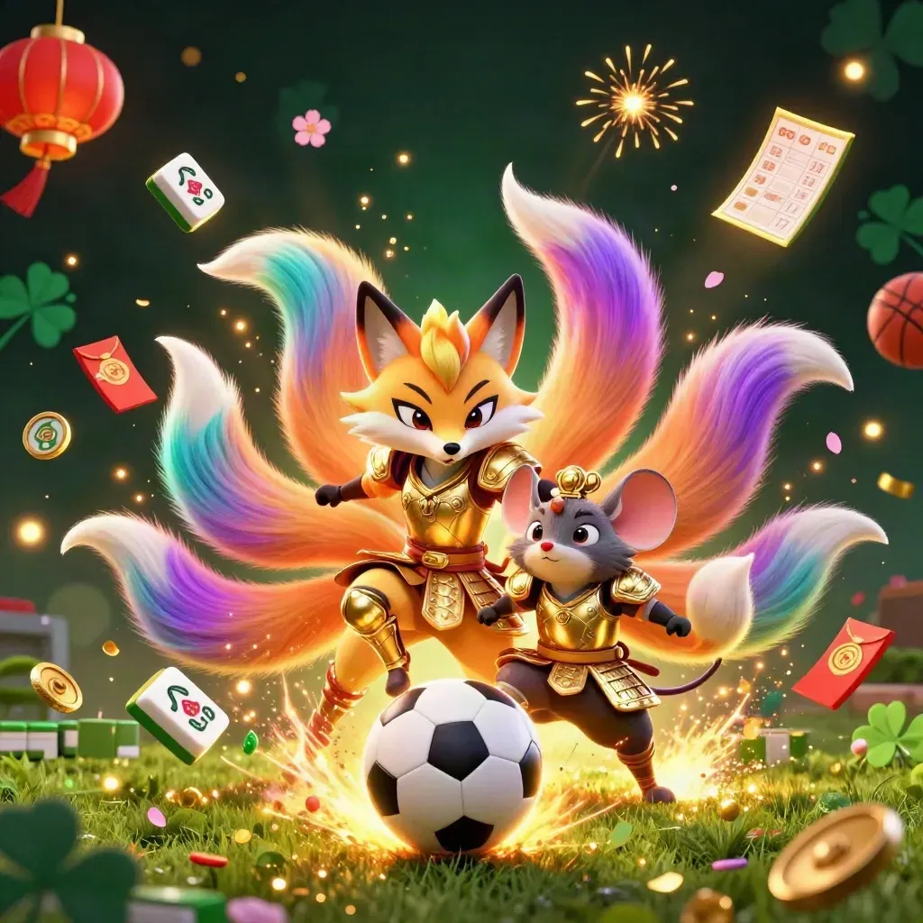 Rubah berekor sembilan dan tikus samurai emas mengelilingi bola sepak, koin, dan lampu kasino neon.