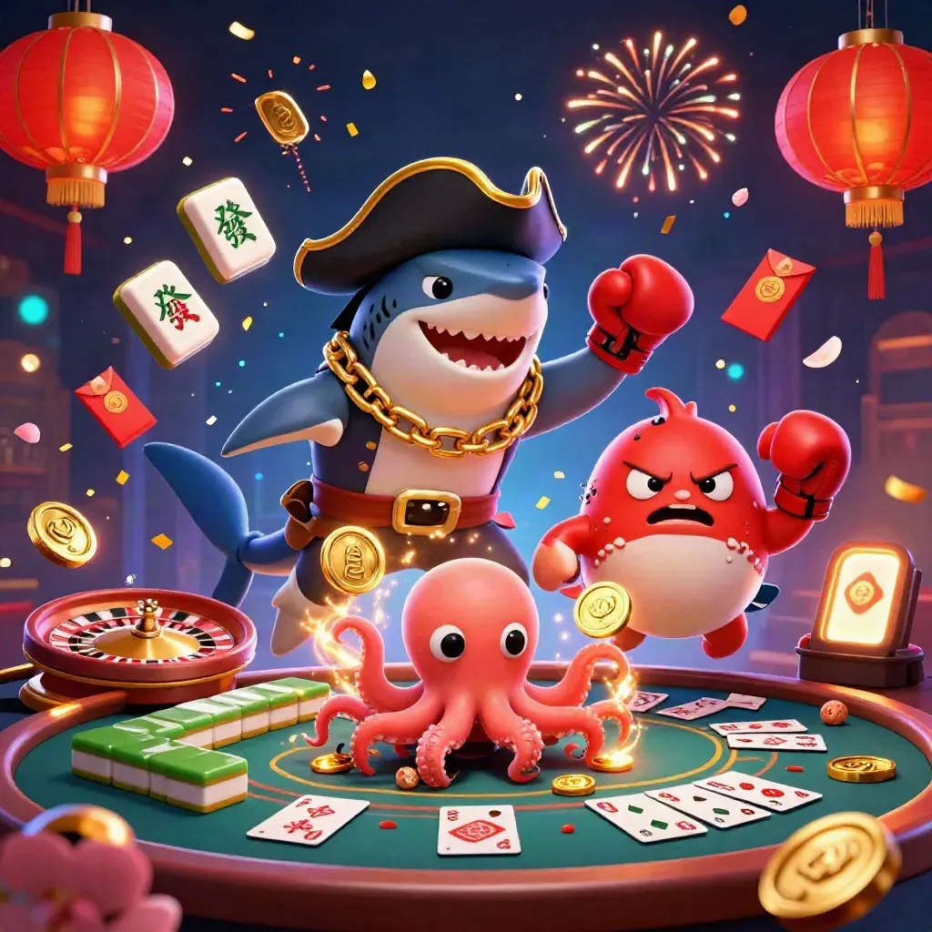 Kapten hiu bajak laut, ikan buntal, dan gurita bayi di kasino neon mewah.