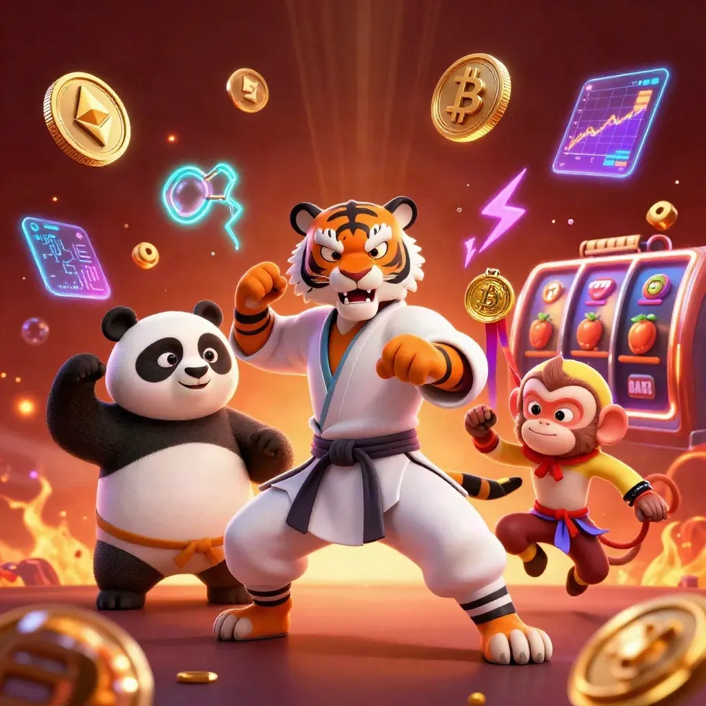 Harimau kung-fu, panda, dan monyet di tengah ledakan koin, kilat, dan nuansa kasino neon.