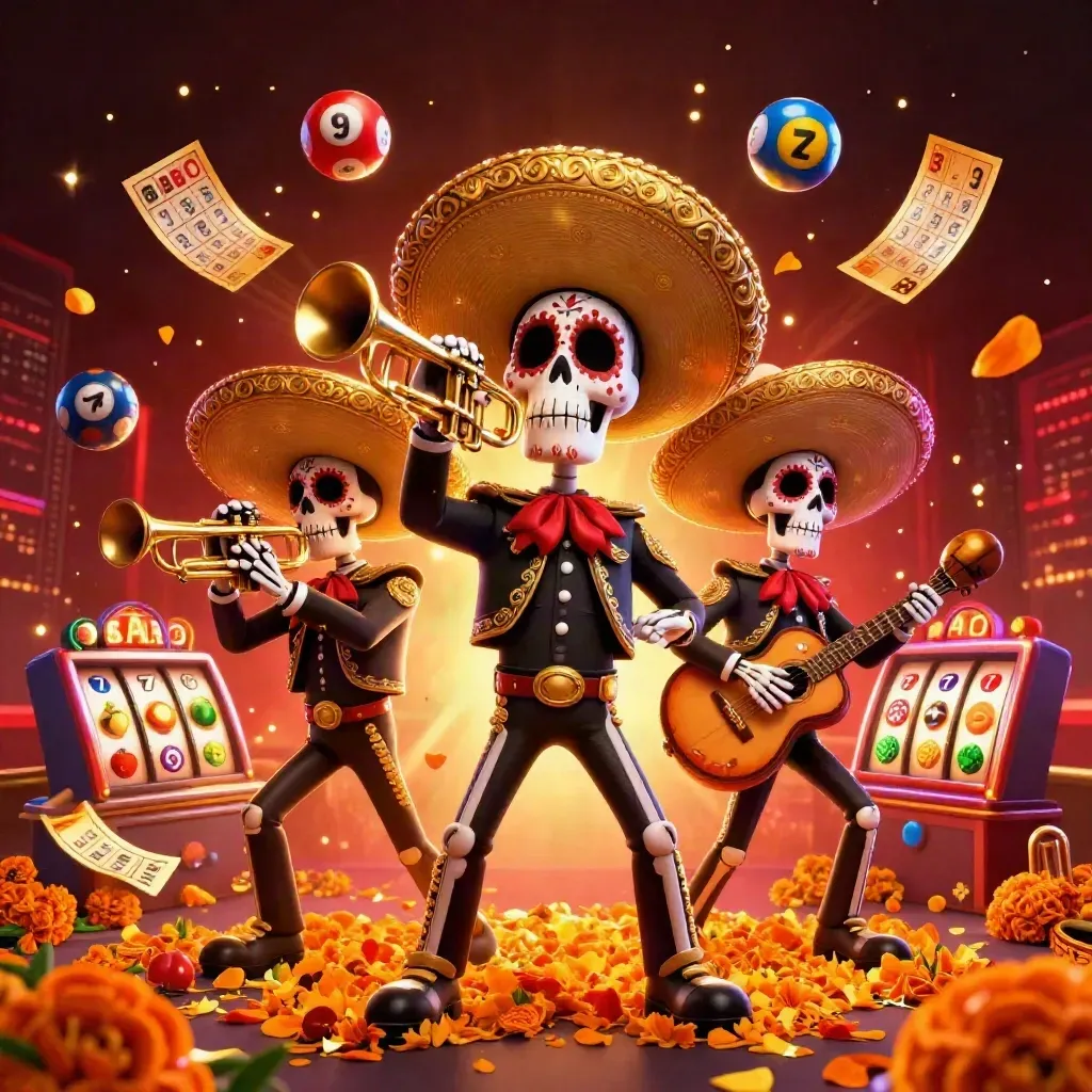 Tiga skeleton mariachi neon, bola lotre, roda hadiah, dan kilau emas di latar kota malam.