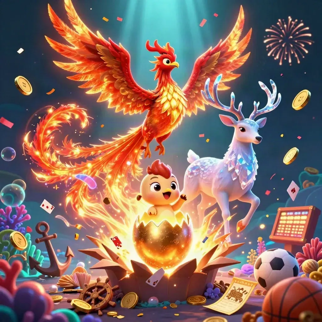 Phoenix emas, rusa kristal, dan bayi phoenix di laut gelap penuh koin, neon, dan kilau meriah.