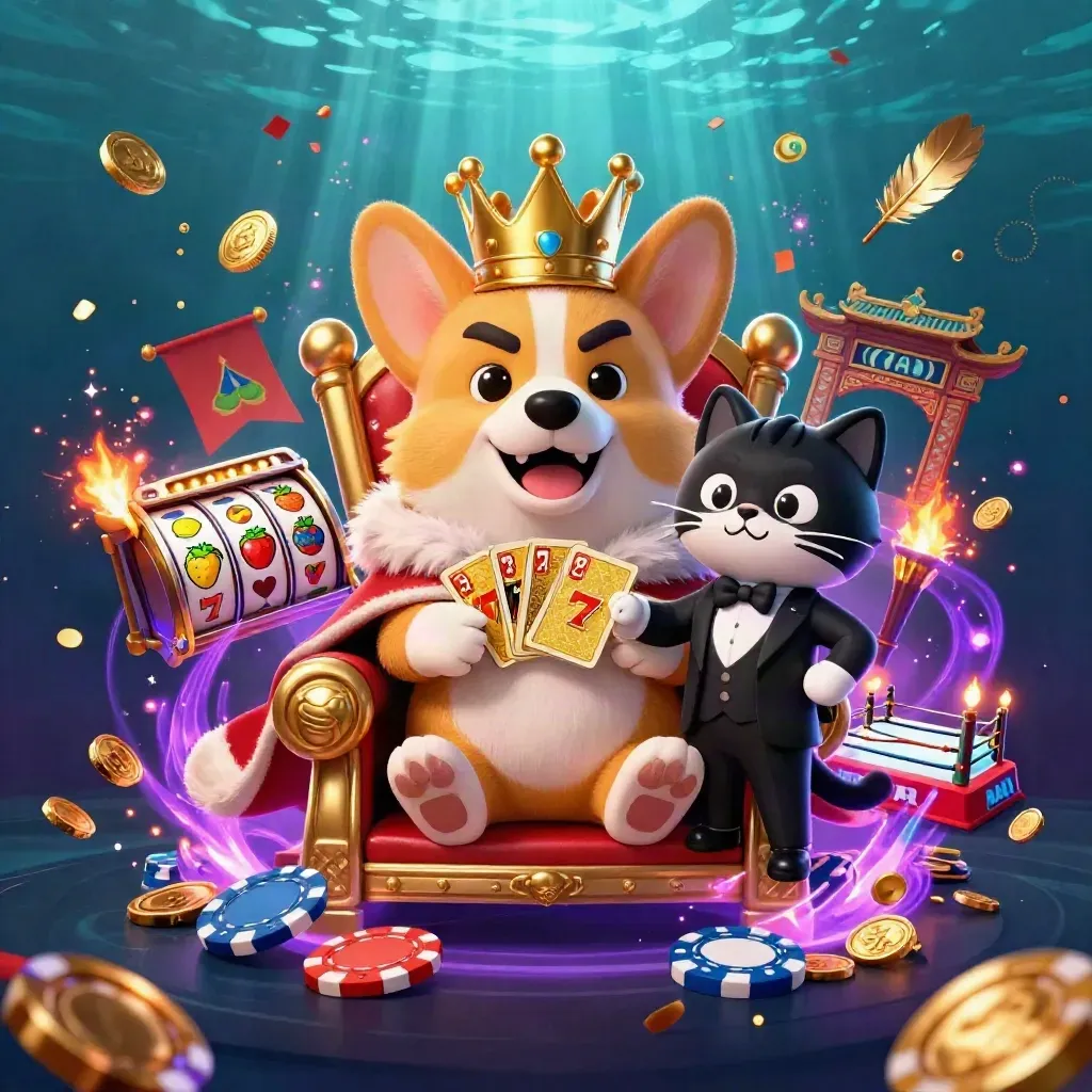 Kucing pelayan dan corgi mahkota di kursi chip kasino, efek neon mewah.